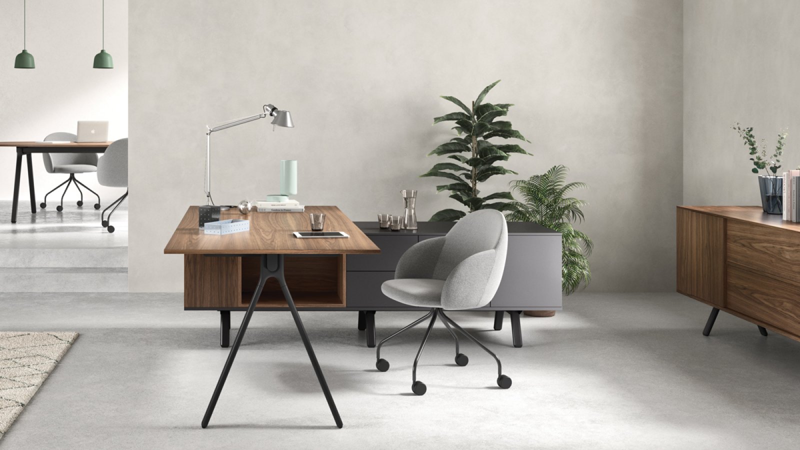 Design-työpöydät Lay, Archiutti, vaaleanharmaat kannet ja punainen runko