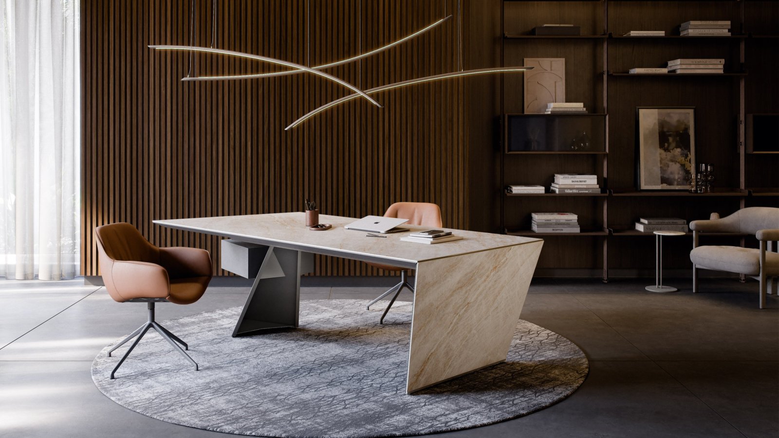 Design-työpöytä Nasdaq Cattelan Italialta ja vino teräsjalka