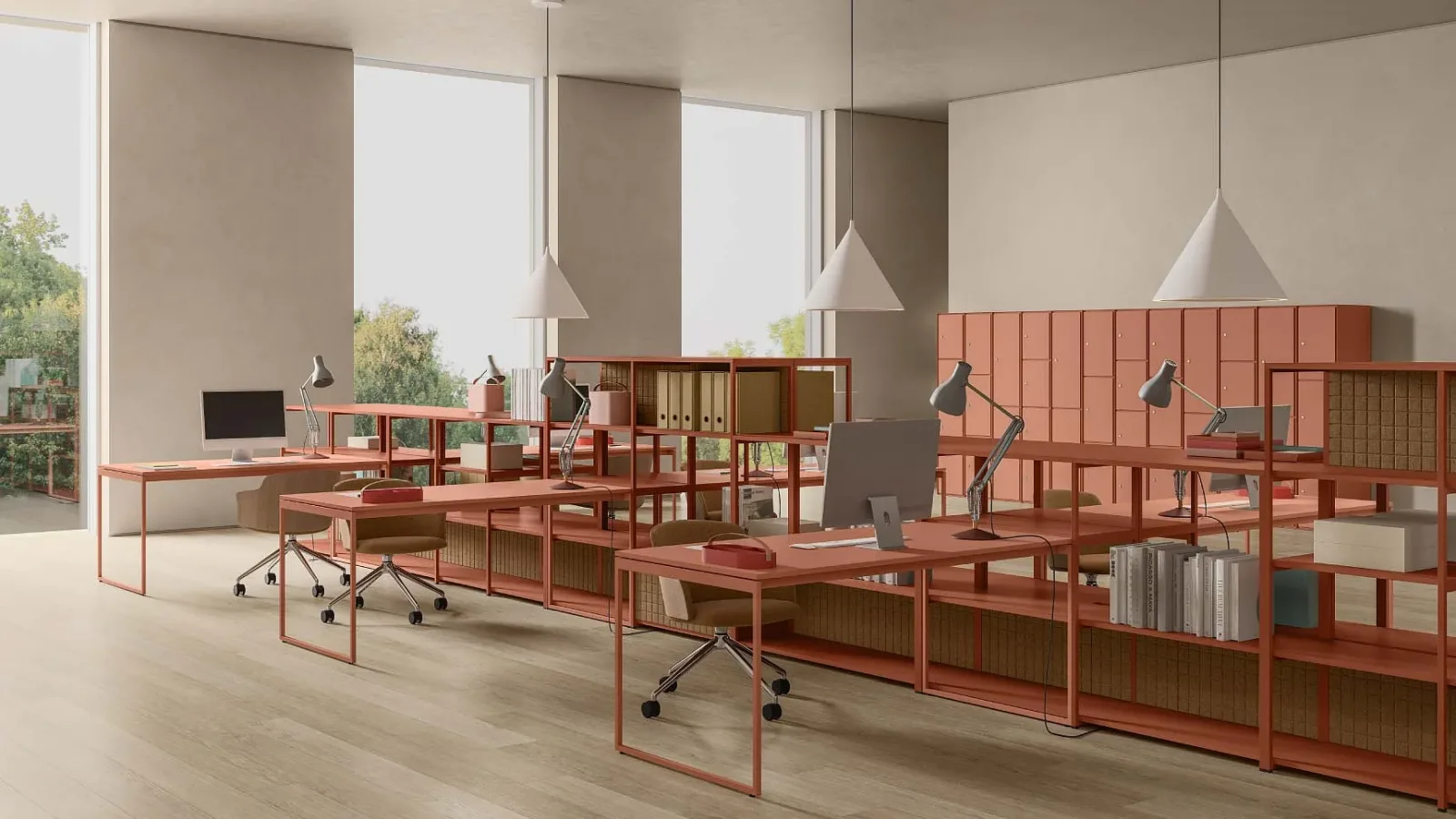 Line System hylly Dieffebiltä coworking-tilassa