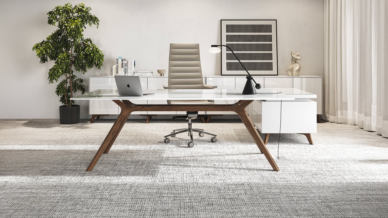 Design-työpöytä DR, Frezza, valkoiseksi lakattu massiivipuinen runko