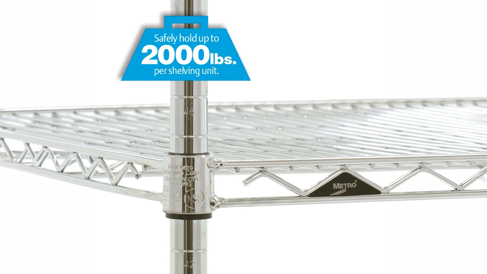 Kromattu Super Erecta -lankahylly Metrolta säädettävillä hyllyillä