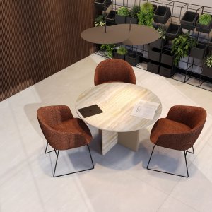 Ylhäältä: travertiininen Ginza-pöytä katettuna kuuden hengen kokoukseen