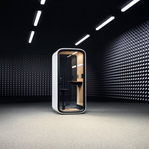 Kahdeksan tuuman kosketusnäyttö Framery One Compact kopissa