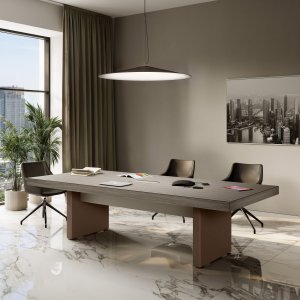 Las Mobili Jera tasolevy ylhäältä — 3D-kalvo Olmo Grey 12, pinta 2 100 × 1 050 mm, johtajan työpöytä