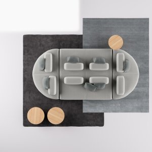 Irrallinen verhoiltu selkänoja Node+-istuimella kodin olohuoneessa