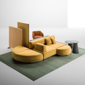 Node+-saareke 180 × 180 cm selkänojineen yrityksen aulassa